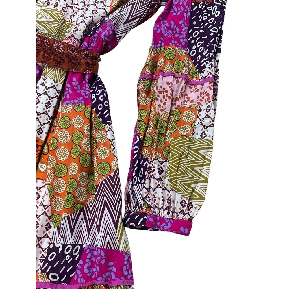 Fate Patchwork Boho Midi Maxi Dress Medium Cotton Belted Tiered Pockets 50" - Picture 9 of 13